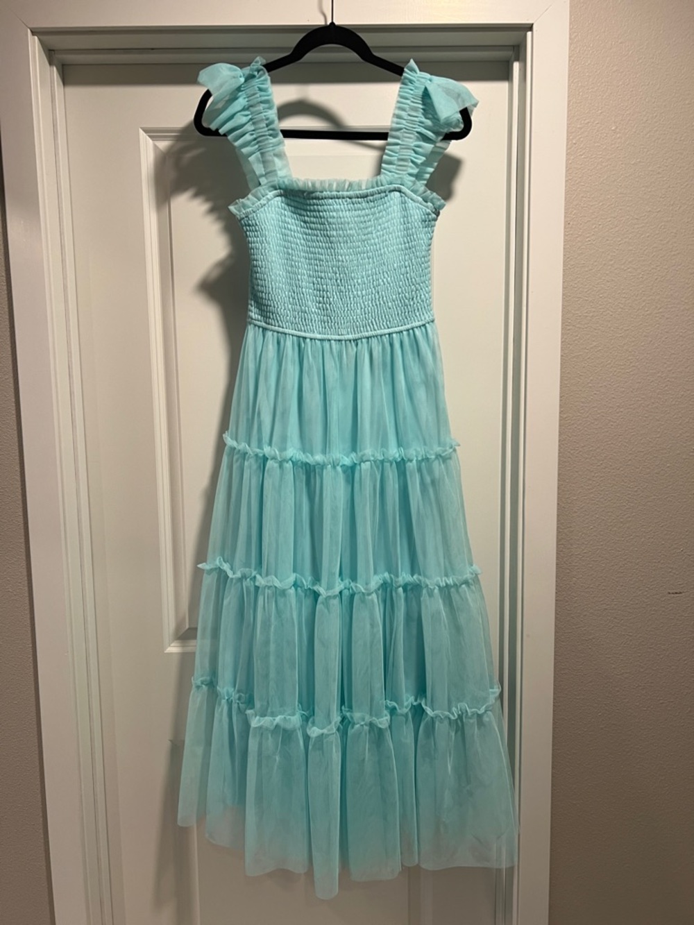 BiBi Light Aqua Smocked Tulle Dress with Ruffled Straps Size Small NWT